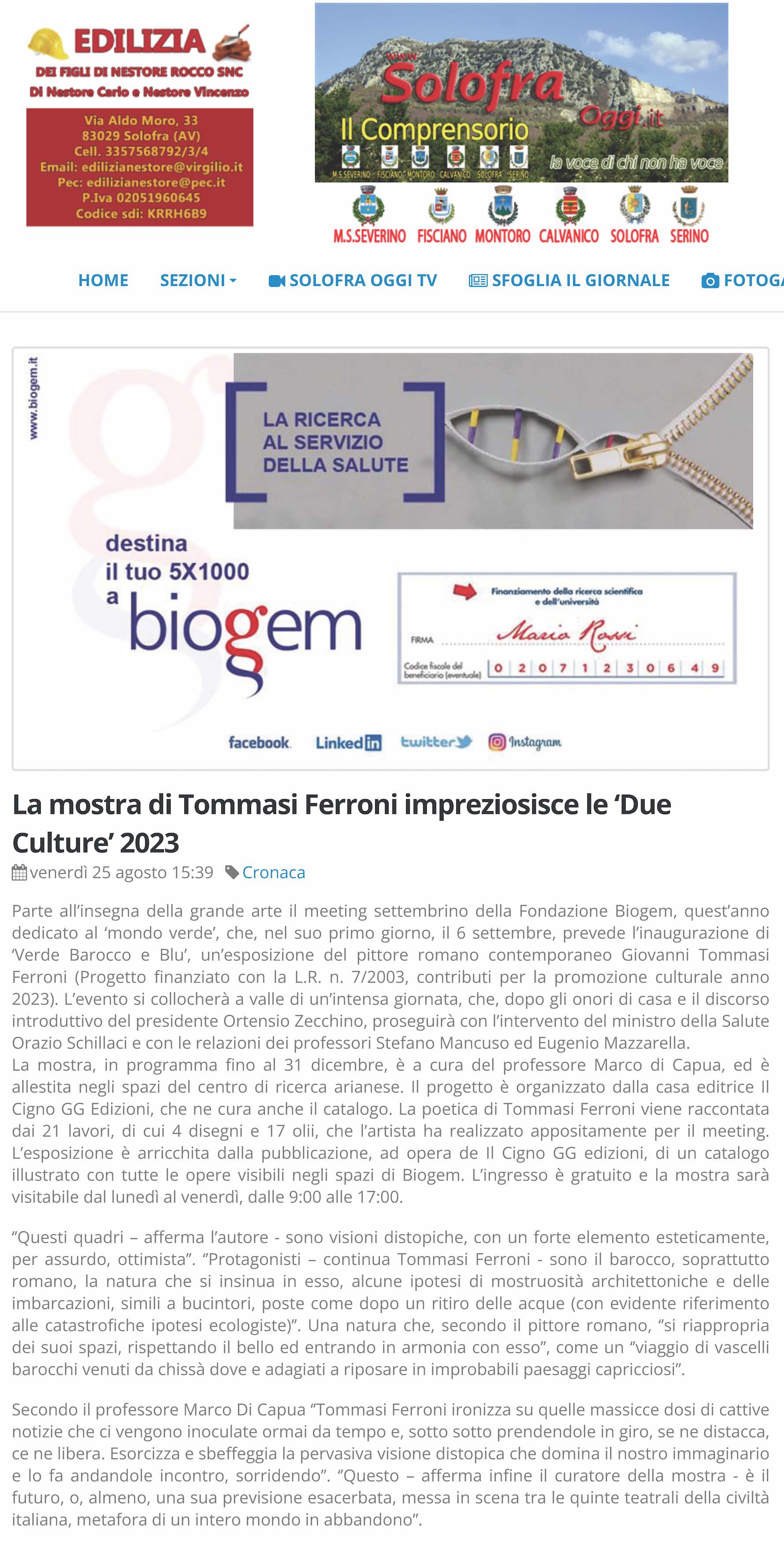 La mostra di Tommasi Ferroni impreziosisce le ‘Due Culture’ 2023